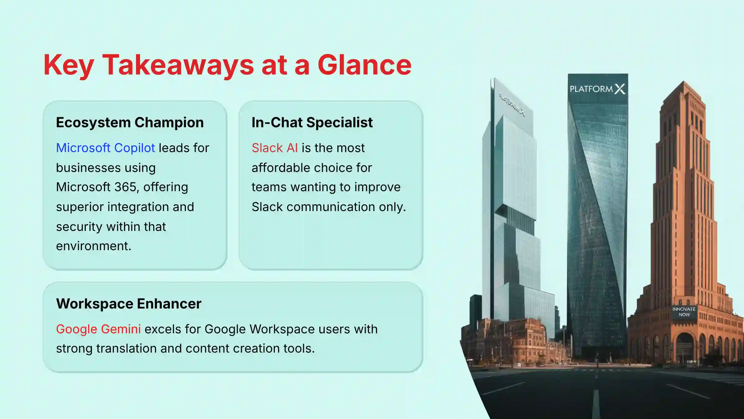 Key Takeaways Comparison - Slack AI vs Microsoft Copilot vs Google Gemini