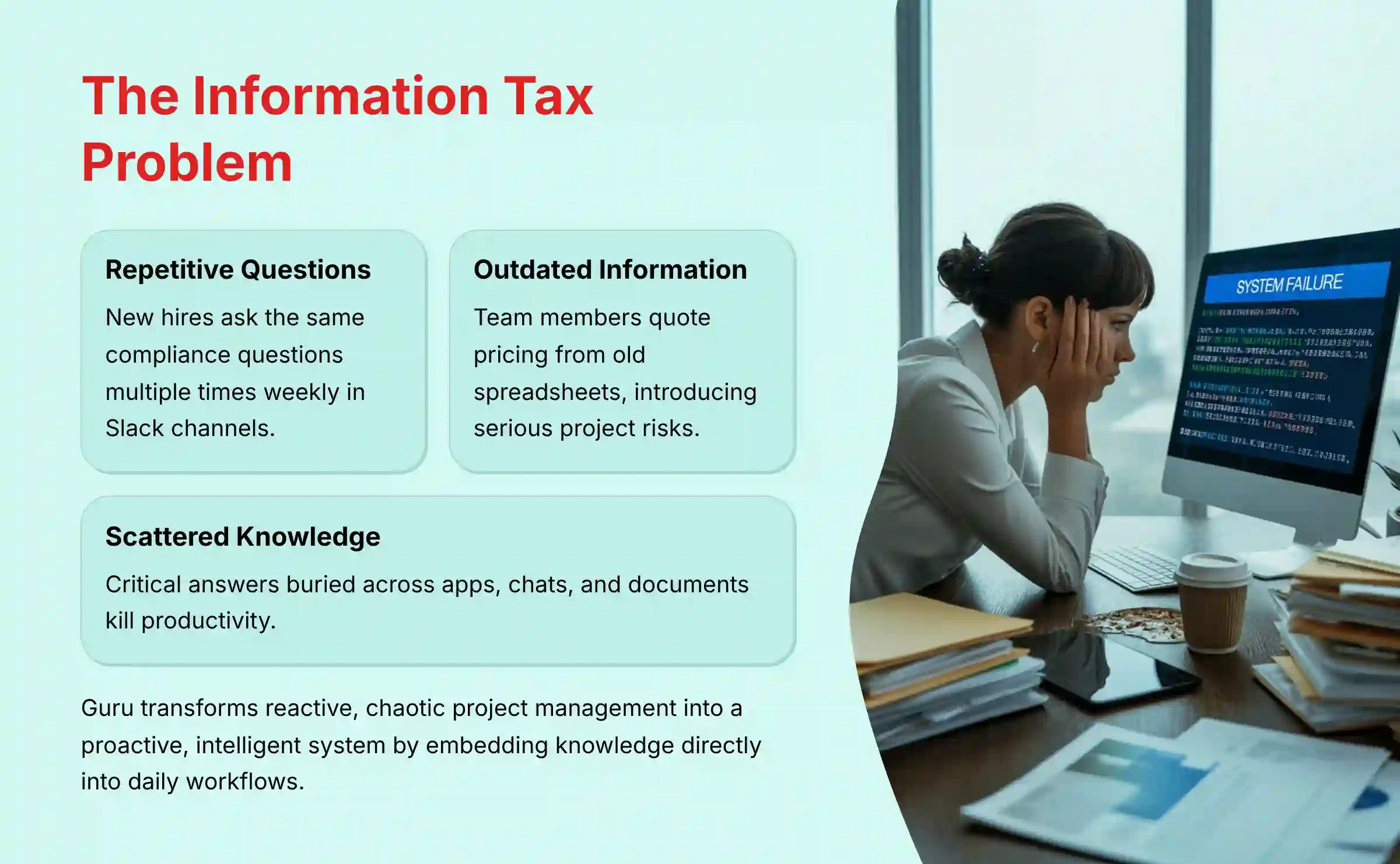 The Information Tax Problem - Visual representation of scattered information across multiple platforms causing productivity drain