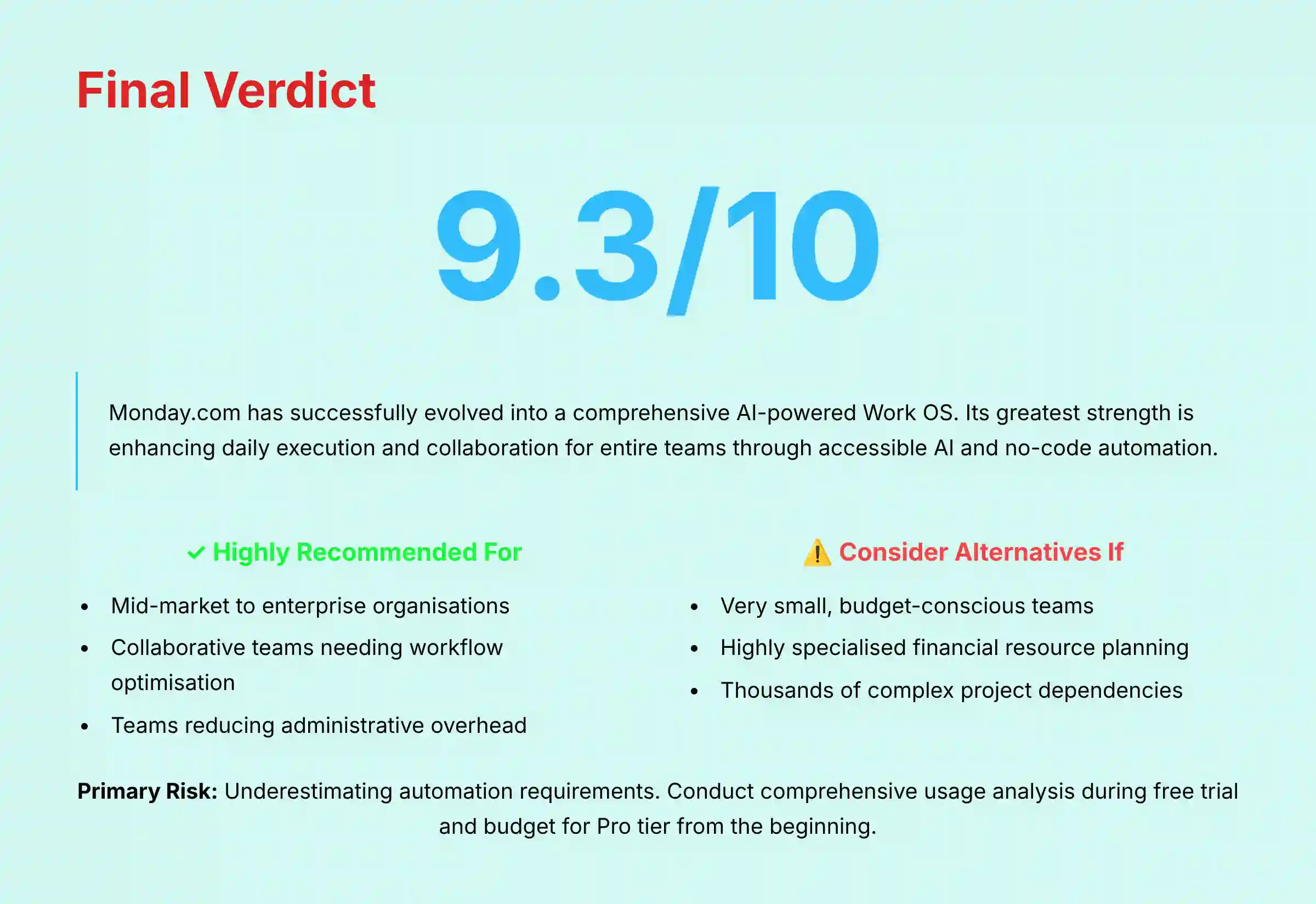 Final Verdict summary and recommendations