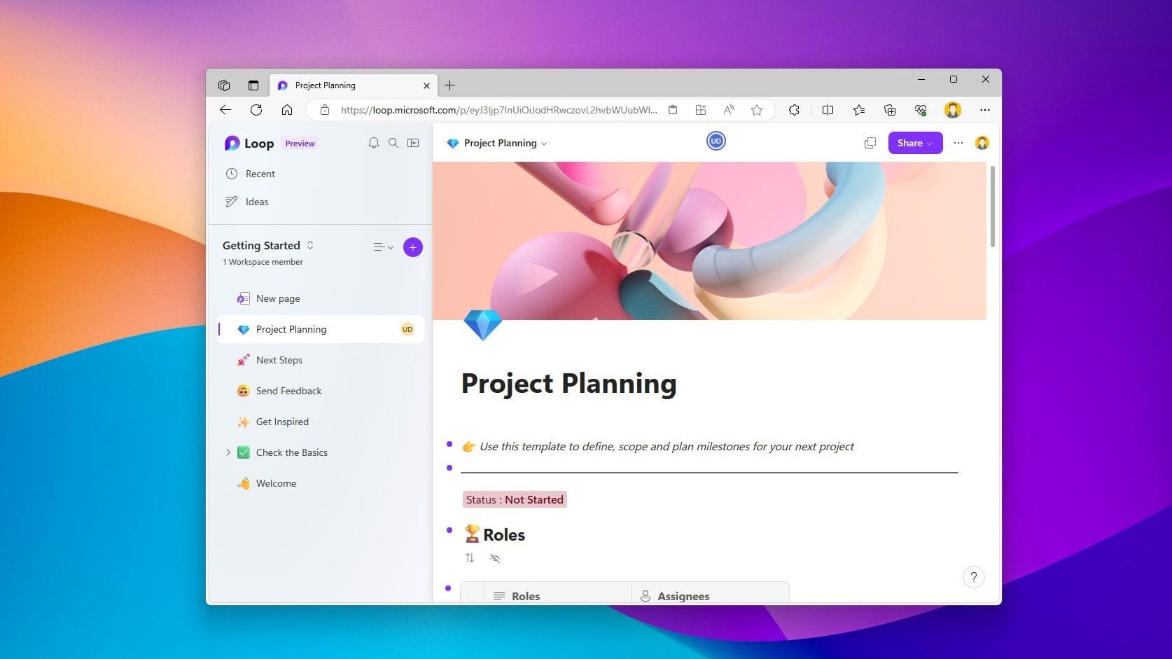 Microsoft Loop workspace interface showing collaborative features