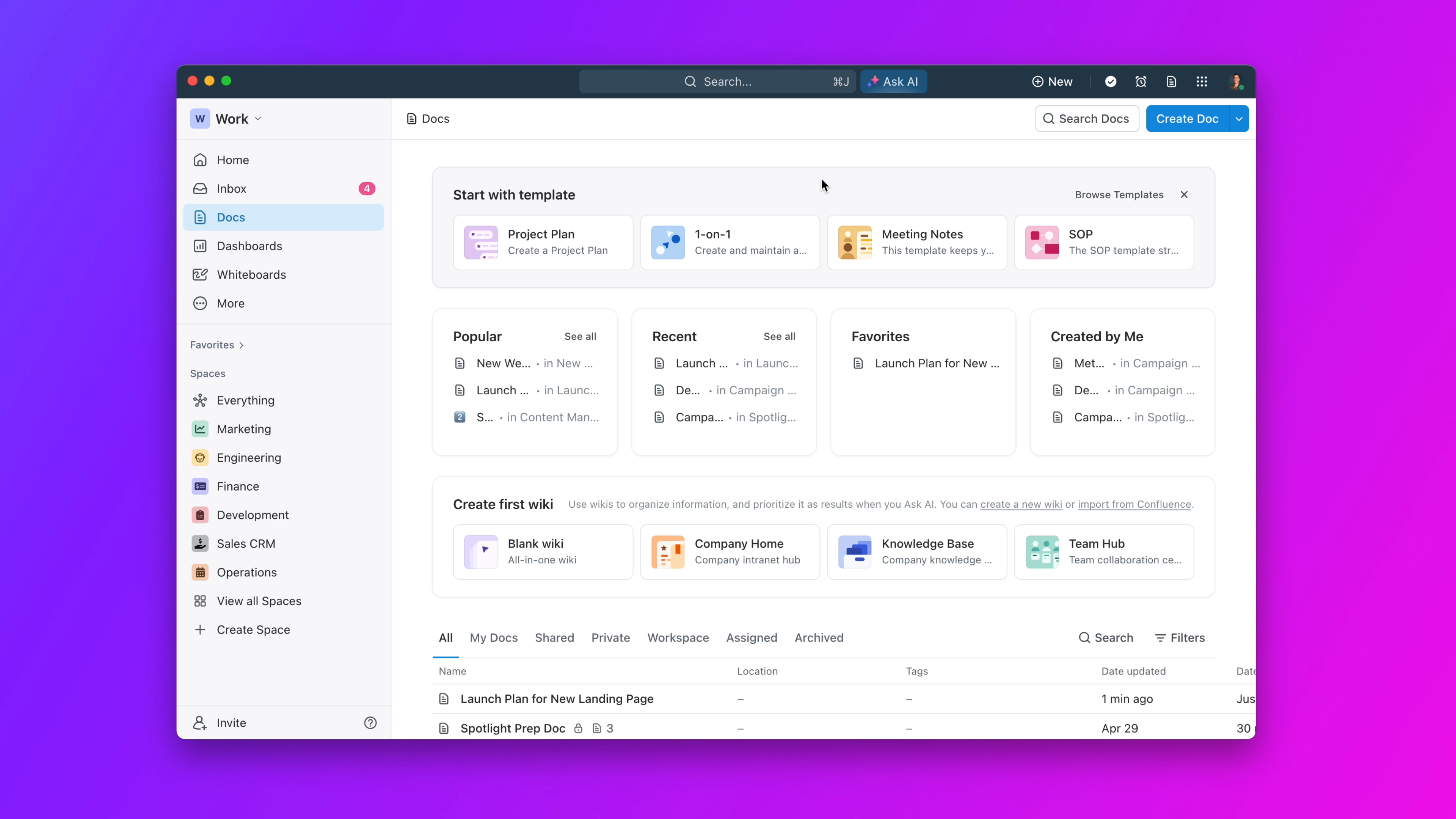 ClickUp Project Management Dashboard Interface