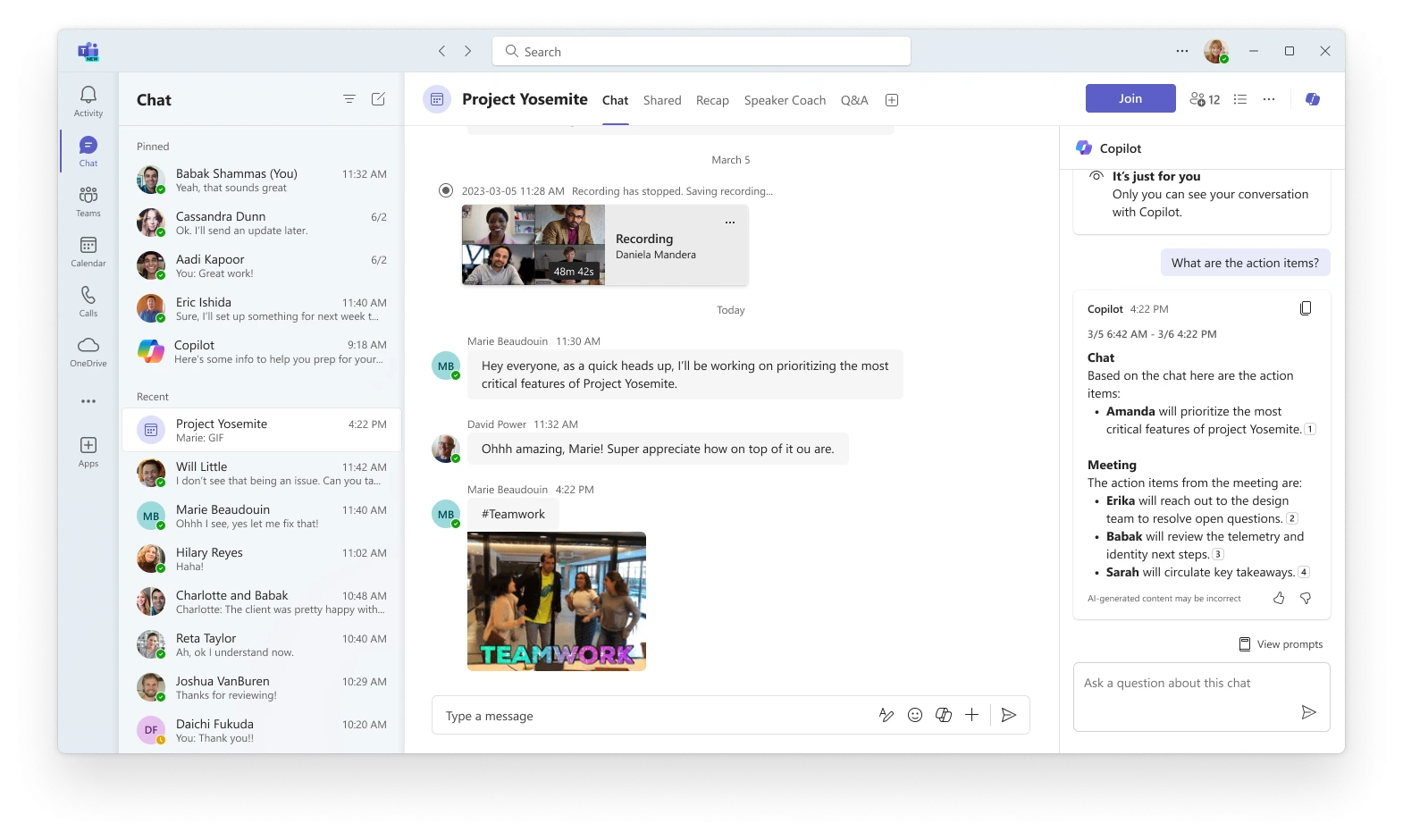 Microsoft Teams Copilot Interface in Meeting Chat