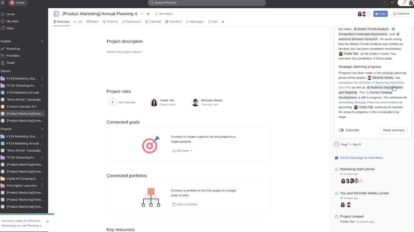 Smart Summaries interface showing project overview generation