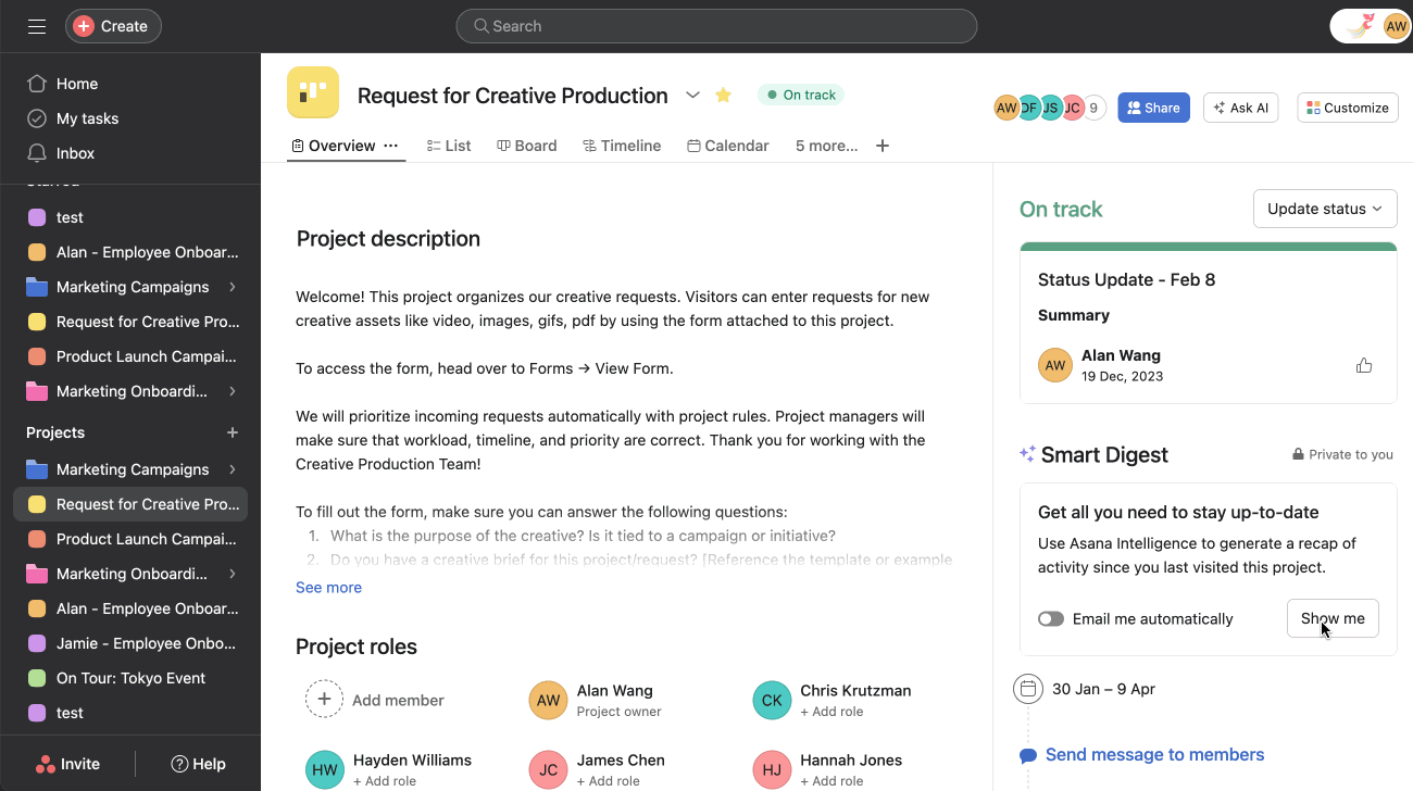 Asana Smart Summaries feature demonstration
