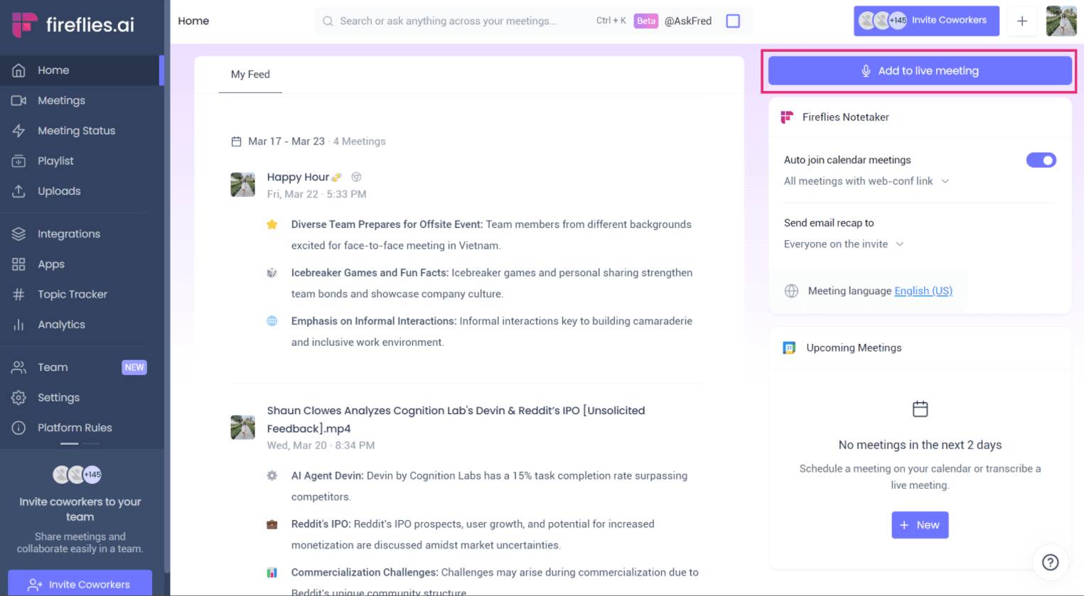 Fireflies.ai Dashboard Interface