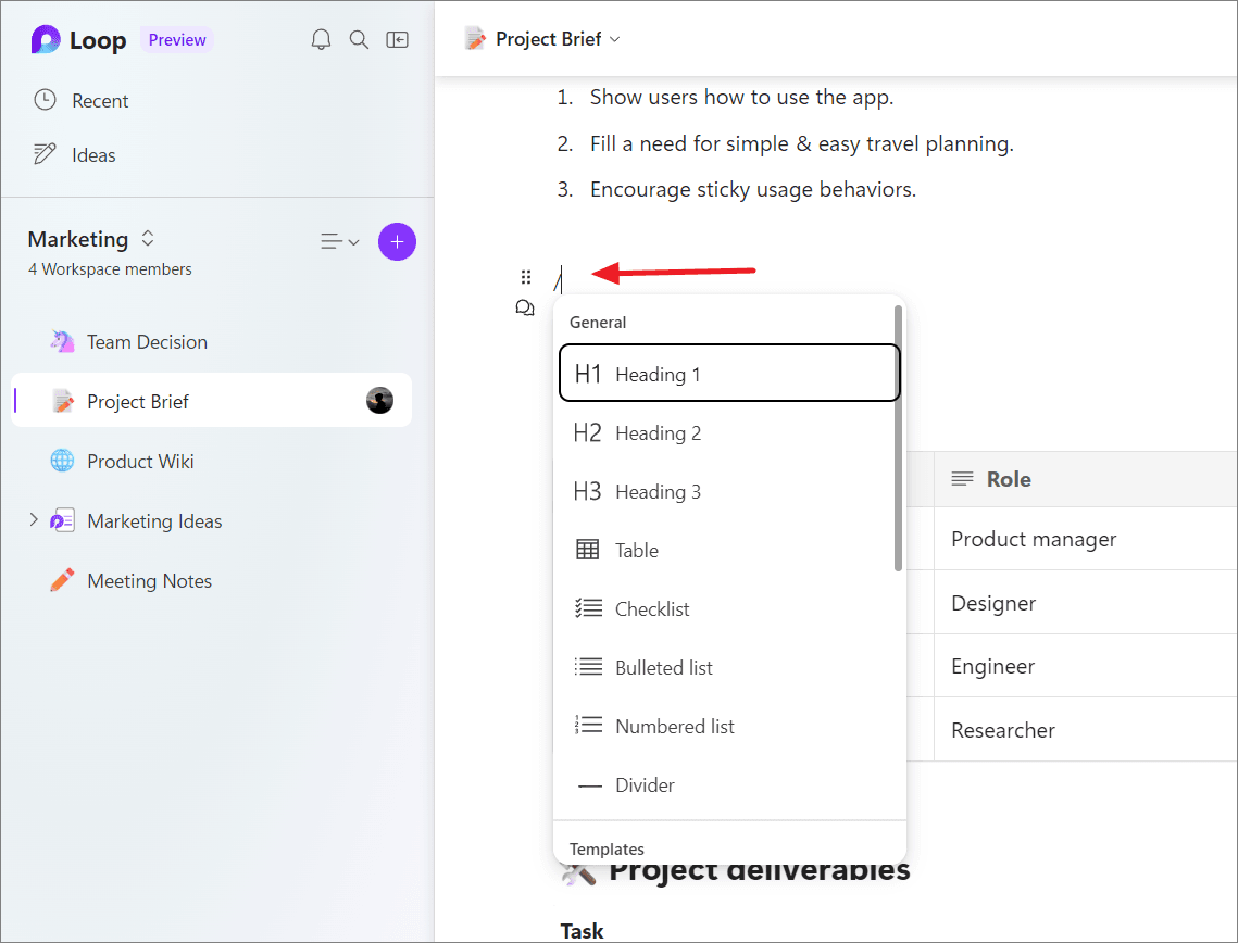 Different types of Microsoft Loop components including task lists, tables, and voting components