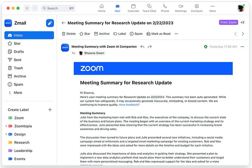 Zoom AI Companion Meeting Summary Interface