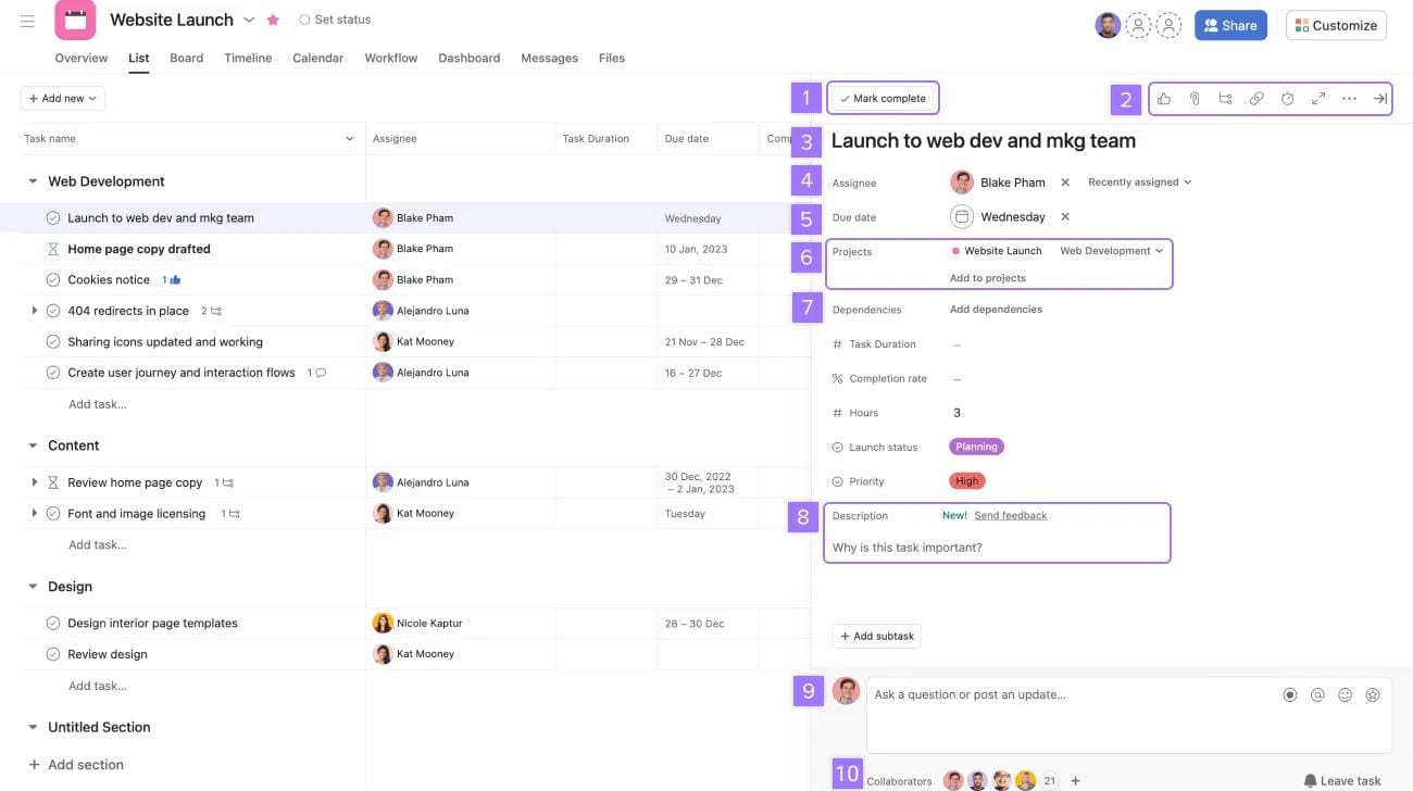Asana Interface Navigation