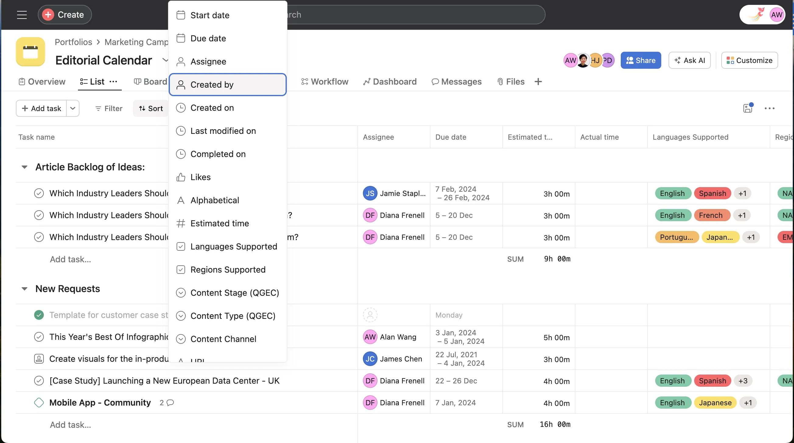Asana Project Tracking Interface