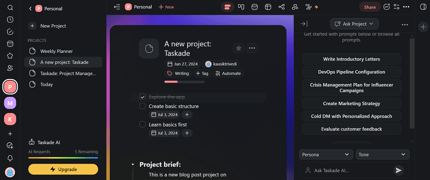 Taskade project management dashboard features