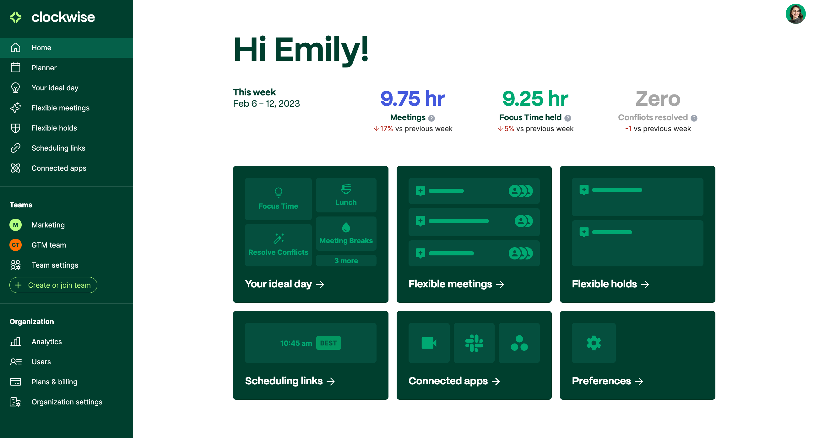 Clockwise AI scheduling dashboard interface