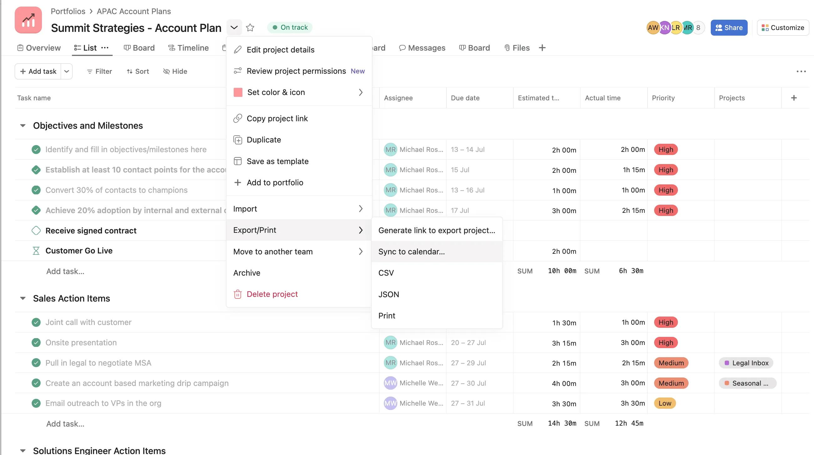 Asana calendar integration interface showing project management synchronization